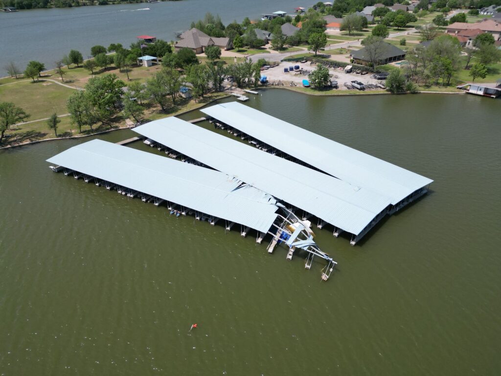 Storm-damaged docks at Mallard Pointe Marina after straight-line winds on Lake Granbury, Granbury, Texas