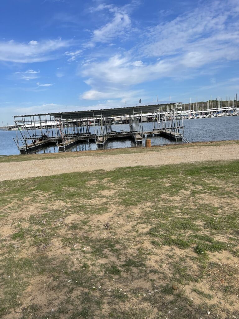 Pile-guided floating dock construction at Scott's Landing Marina on Lake Grapevine, Texas