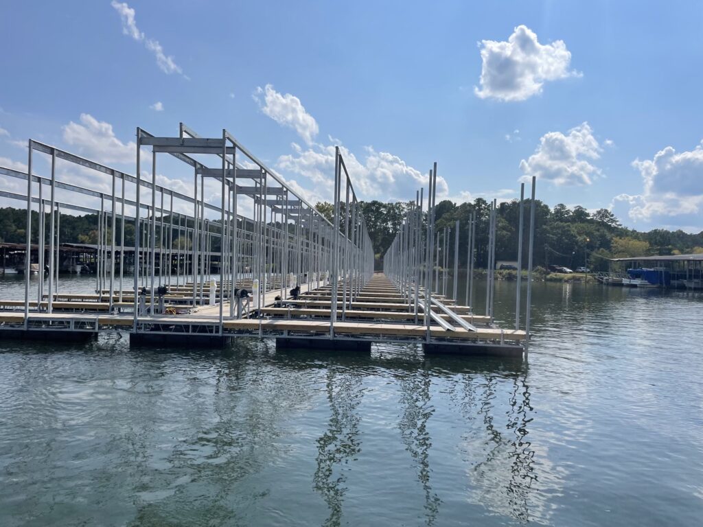 New covered dock under construction at Southern Harbor Marina on West Point Lake, Lanett, Alabama